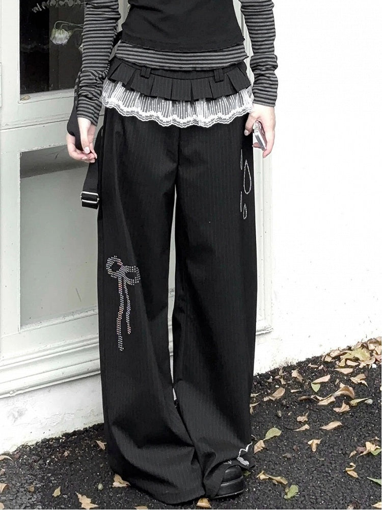 Black Wide-Leg Lace Raindrop and Trim with Clover Pants Rhinestone