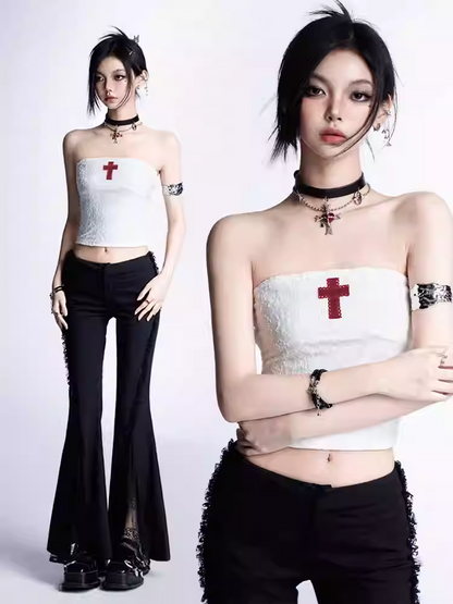 Tiered Skirt Red Cross Applique White Cropped Charms Strapless Top/Red Cross Gothic
