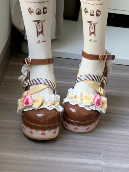 Platform Brown Sweet Strawberry Cake Shoes Jane Lolita Chocolate Mary