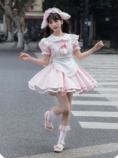 Pink Maid OP with Striped Lace Details - Sheep Puff Atelier