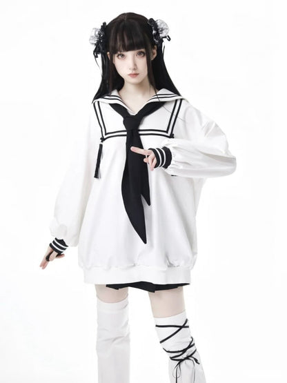 ホワイトセーラーカラープレッピースタイルスウェットシャツ