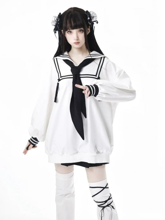 ホワイトセーラーカラープレッピースタイルスウェットシャツ