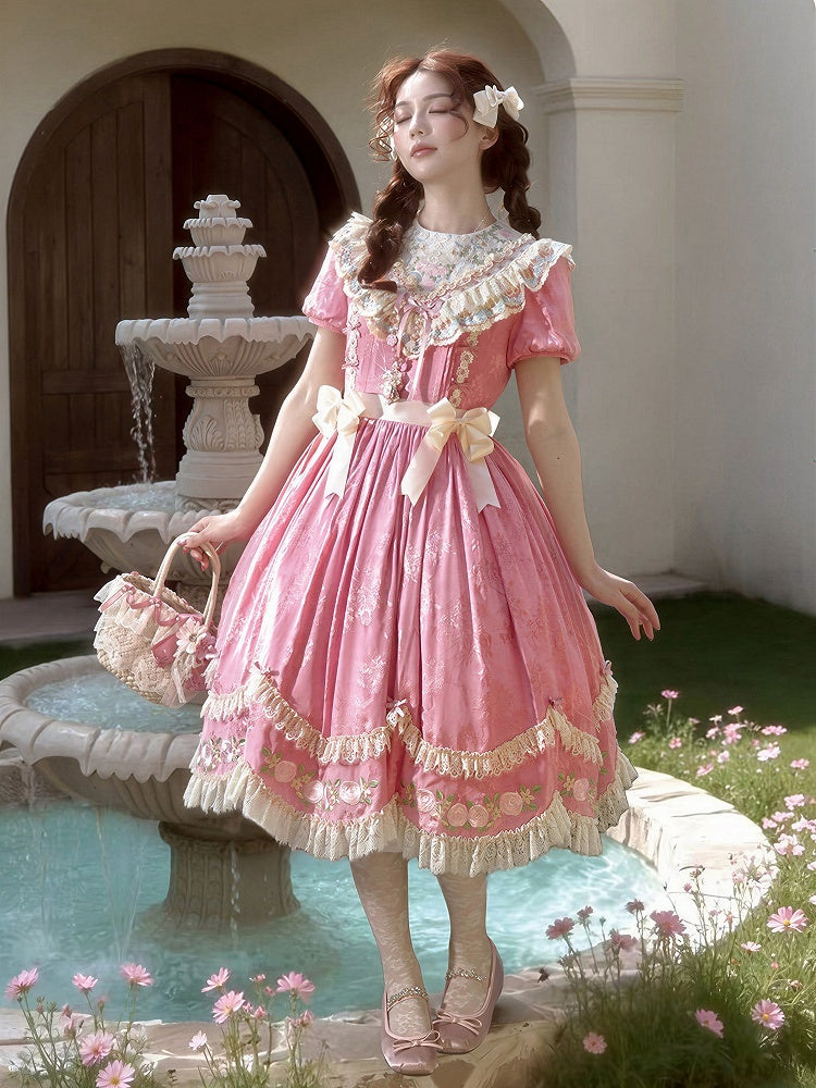 Pink Floral Embroidered Lolita OP Gown with Scalloped Lace Edge