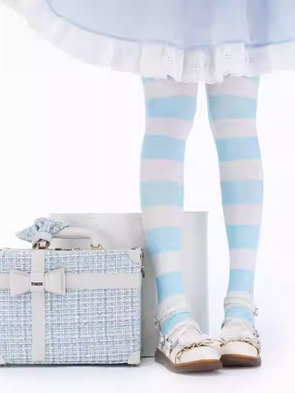 Blue & White Striped Cat Paw Pattern Over Knee Stockings