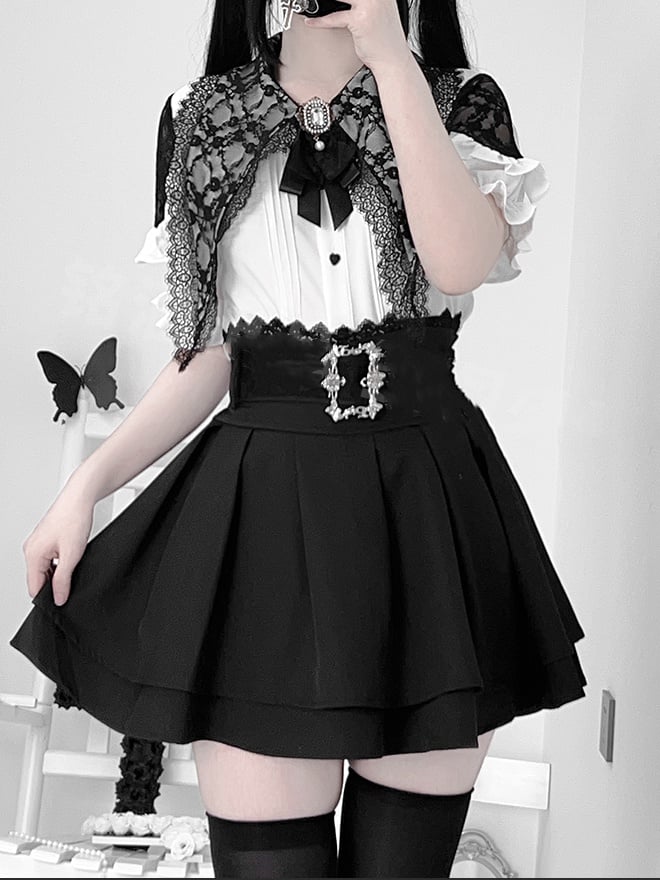 Black Elastic Waist Lace Skirt with Buckle Belt Trim