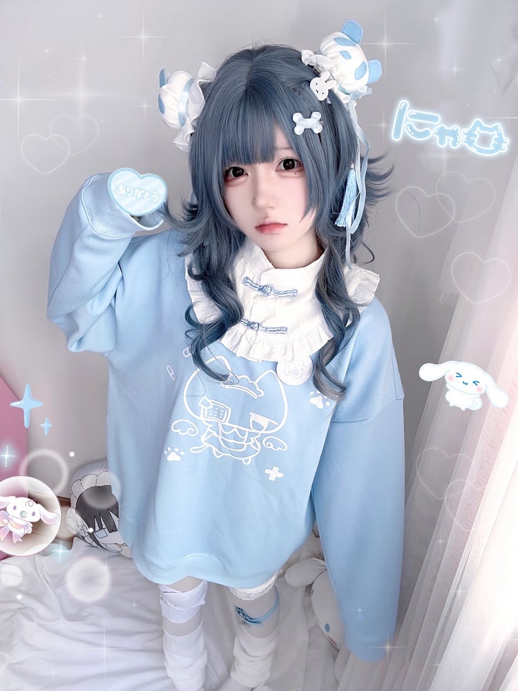with Collar Kitten Sweatshirt and Print Frog Button Style Detachable Angelic Cheongsam Blue/Black Landmine