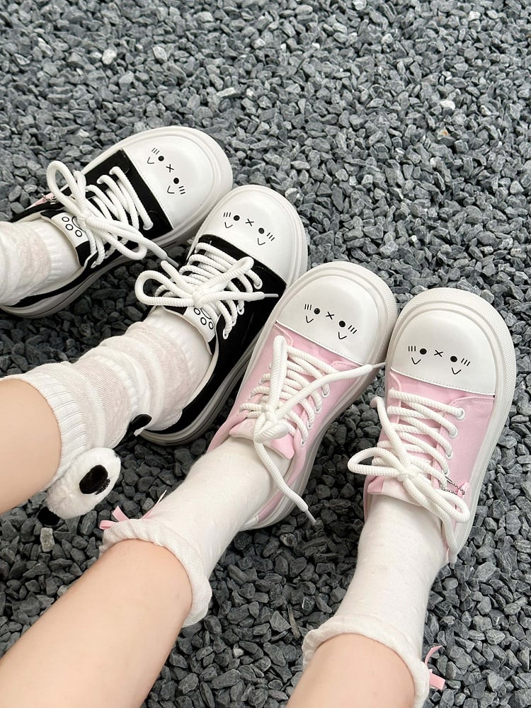 Closure Paw Lace-up Sweet Canvas Lolita Platform Sneakers-Cat Prints Black