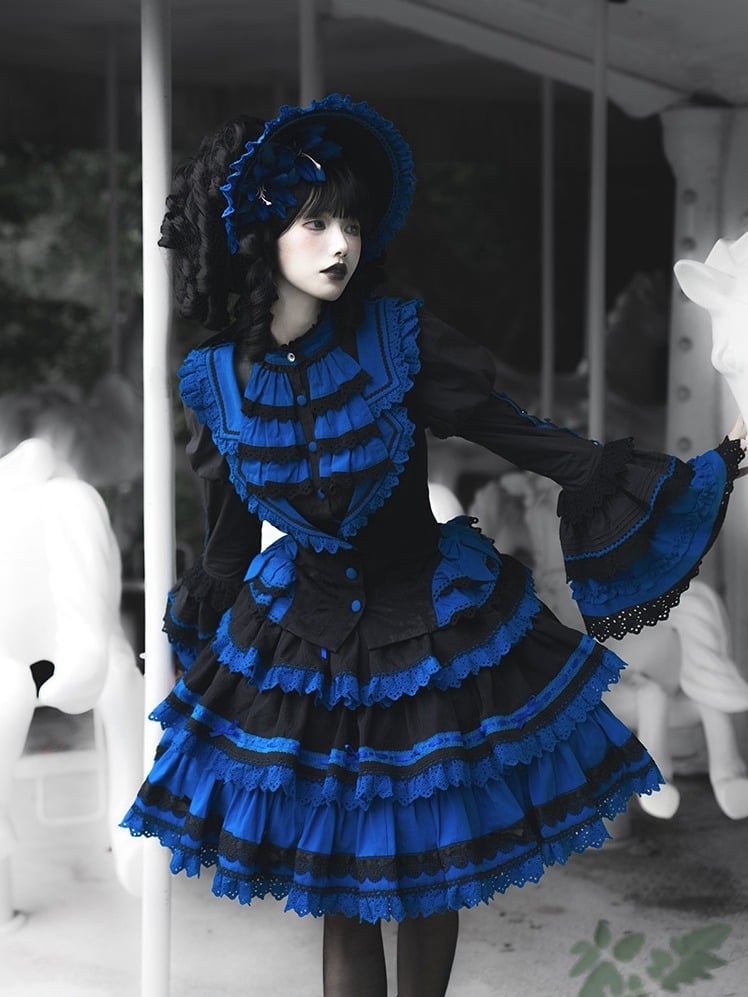Revers Blau Klein Öse Lolita Schwarz Gewellter Gothic Kragen Weste Trim