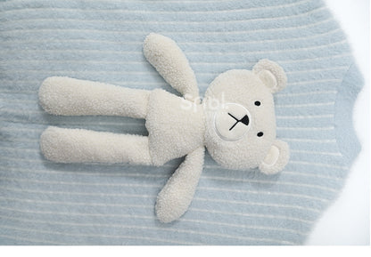 Cute Little Bear Plushie Adorned  Blue Striped Loose Cardigan