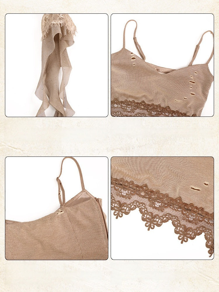 Distressed Brown Cami Top with Lace Edging - Virtual Orbit