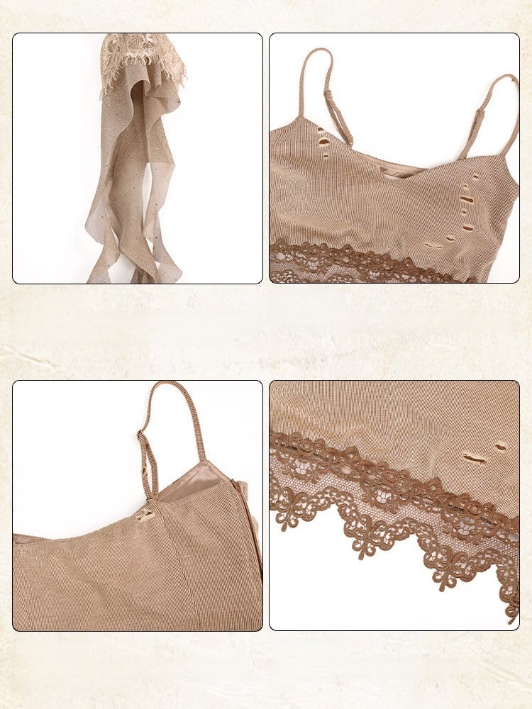 Distressed Brown Lace Trim Cami Top - Virtual Orbit