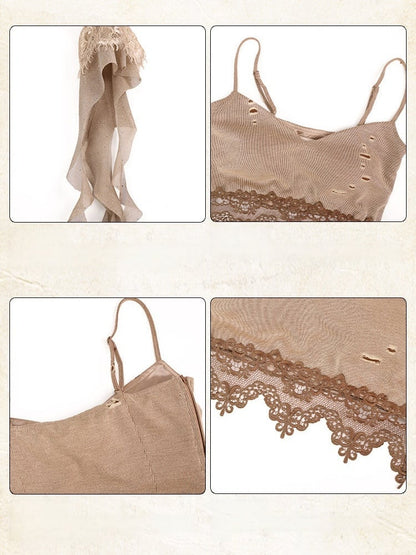 Distressed Brown Lace Trim Cami Top - Virtual Orbit