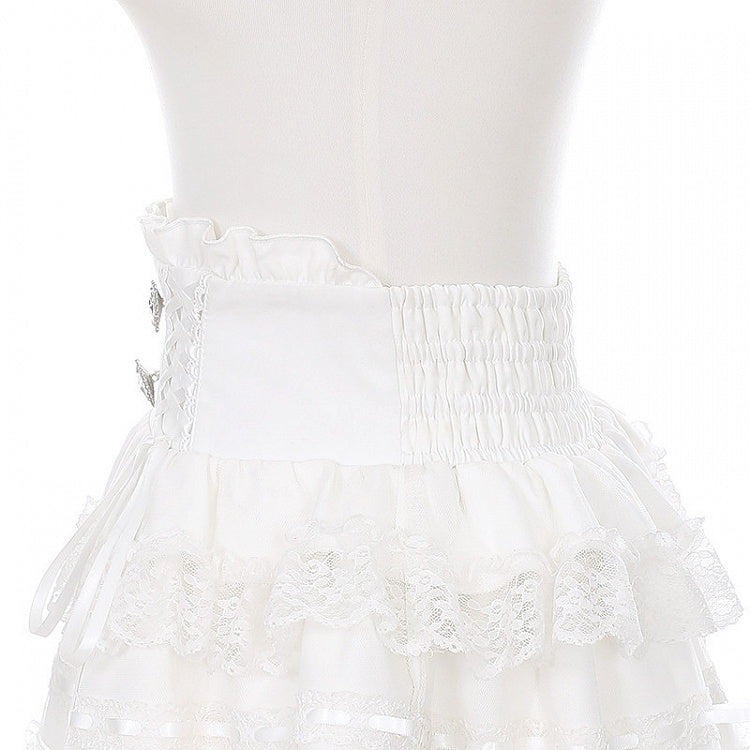 Ryousangata Tiered Ruffle Skirt with Lace Trim in White - Puppet Bombs