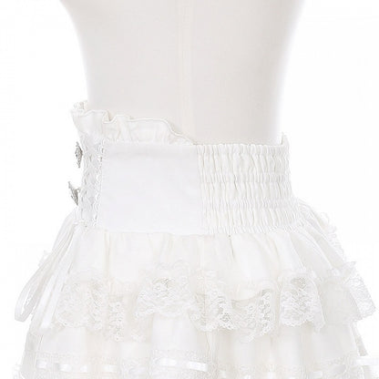 Ryousangata Tiered Ruffle Skirt with Lace Trim in White - Puppet Bombs