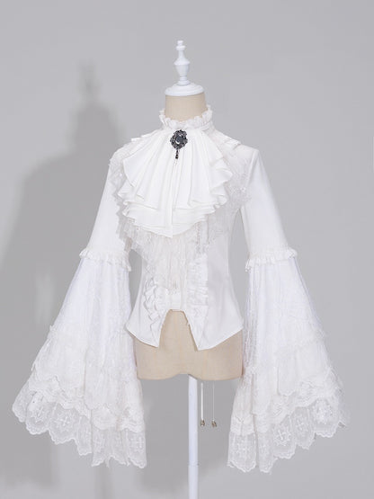 White Bell-Sleeve Shirt with Lace Patched Flounce Neck - DevilInspired Exclusive Collection