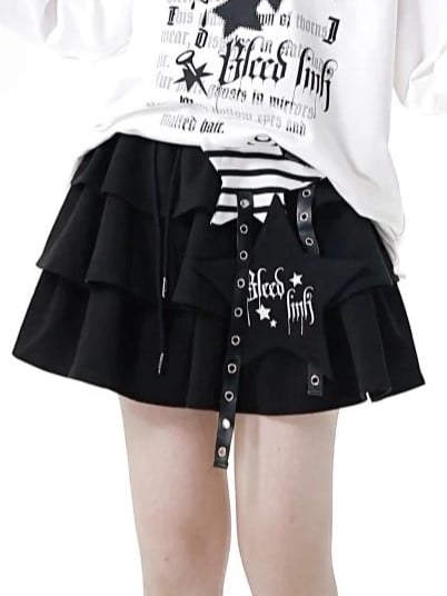 Applique Skirt Strap Drawstring Star Tiered Accents with and Black