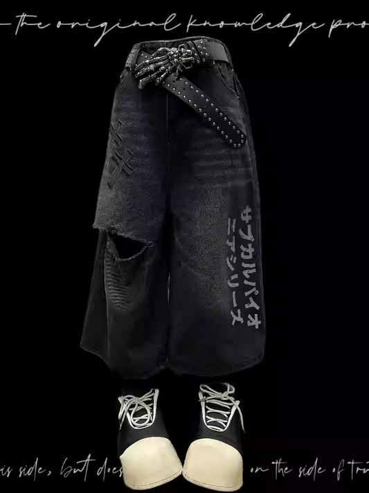 Vintage Appliques Distressed Holes Straight-Leg Jeans Black Cross