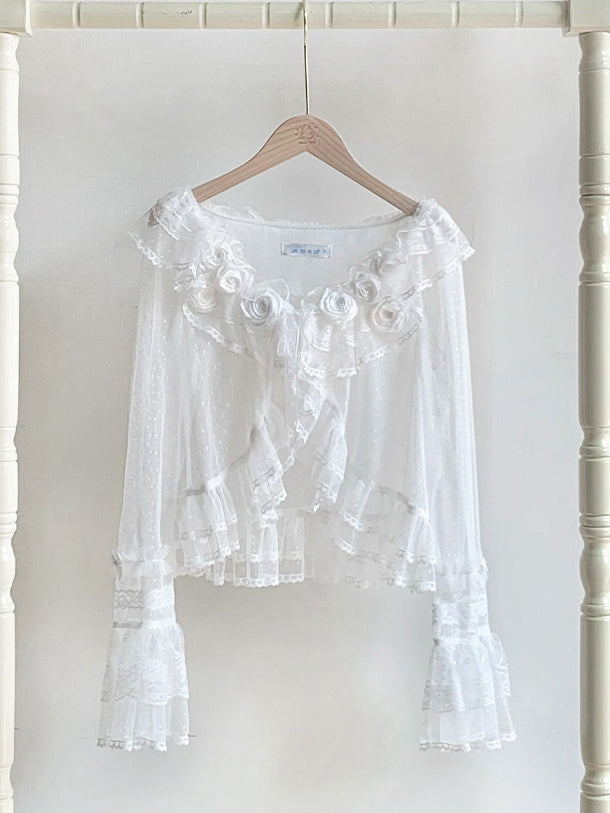 Dotted Sheer Trimming Long Tulle Flounce Sleeves White Top