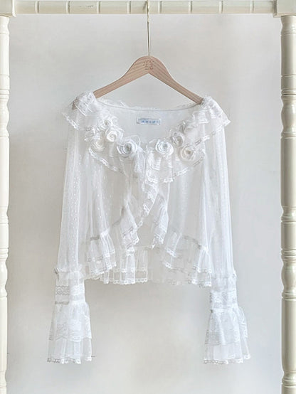 Dotted Sheer Trimming Long Tulle Flounce Sleeves White Top