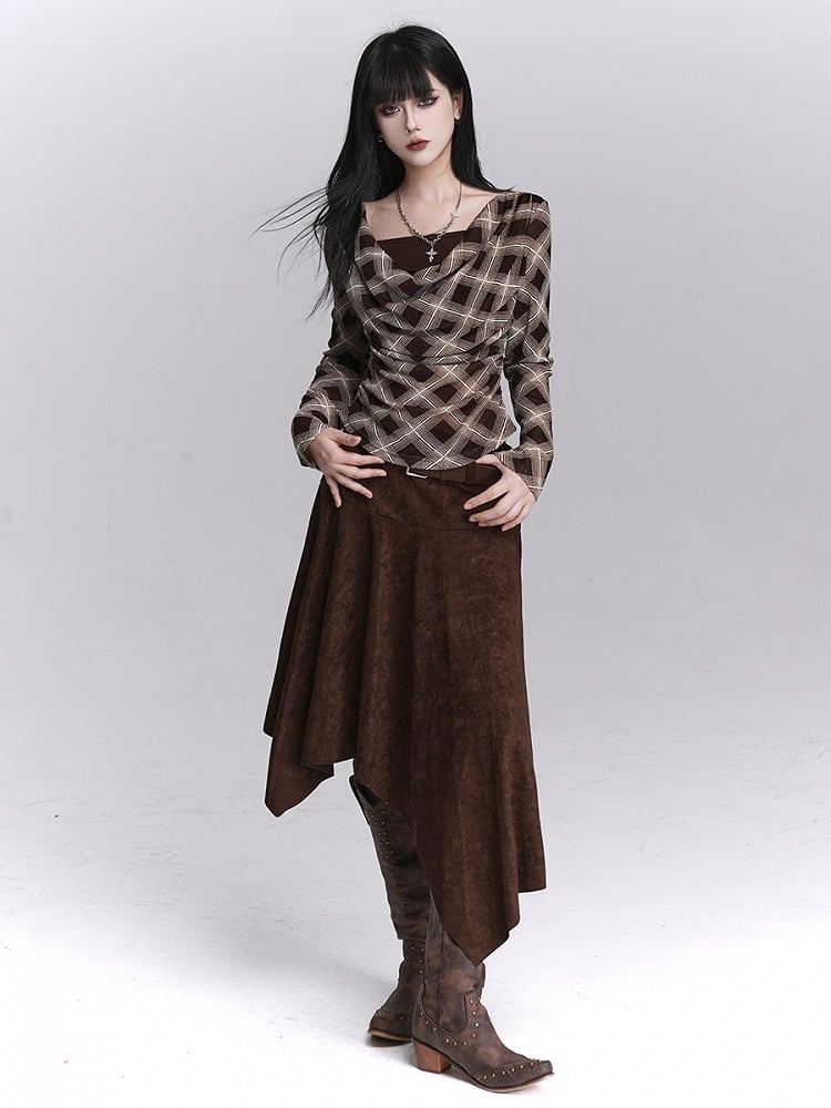 Plaid Cowl Two-Piece Neck Faux Coffee for with Top Autumn Early
