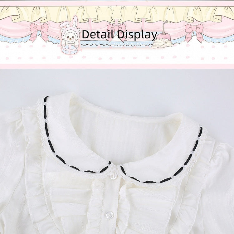 Preppy White Ruffled Peter Pan Collar Long Sleeve Shirt with Bow Tie - serendipity