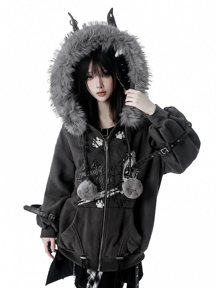 Trim Accents Hooded Grey Ear Spiderweb Hood Prints Plush Jacket with - Bittersweet Wolf