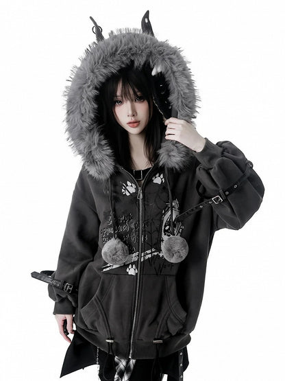 Trim Accents Hooded Grey Ear Spiderweb Hood Prints Plush Jacket with - Bittersweet Wolf