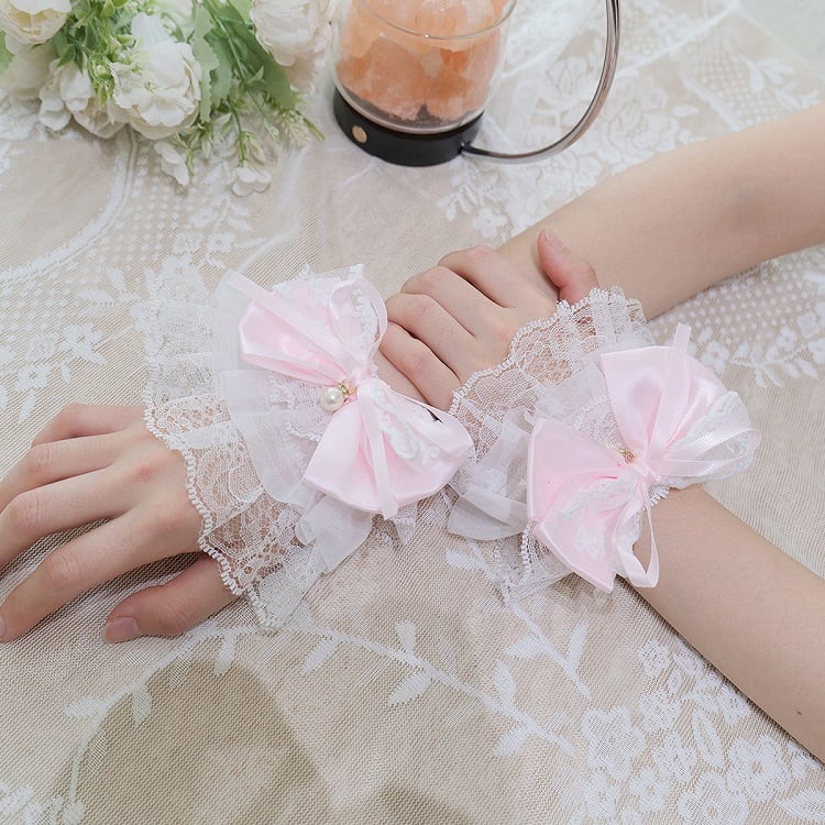Pearl (4 Bow Wrist Colors) Lolita Lace Style Cuffs