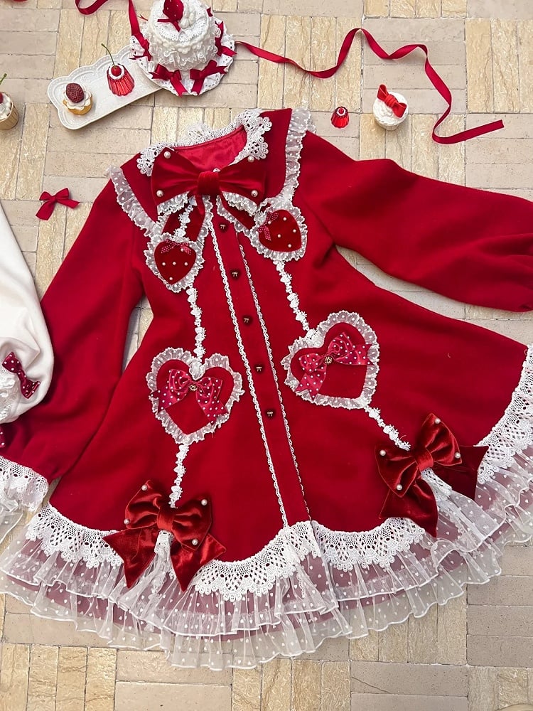 Red Trim Bows Lace White Coat with and Velvet Lolita