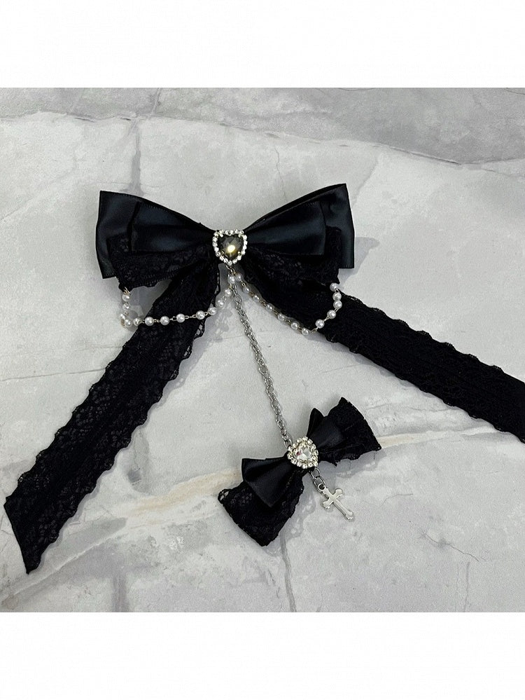 Dual Color Bow Bead Chain Hair Clip with Cross - Magic Diary
