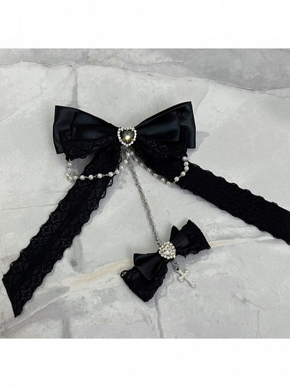 Dual Color Bow Bead Chain Hair Clip with Cross - Magic Diary