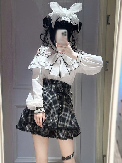 Monochrome Checkered High-Rise Lace-Trim Skirt - YoshiKi