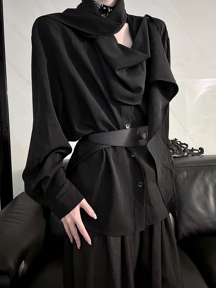 with Shirt Neckline Ouji Scarf Long Lolita Sleeve Black