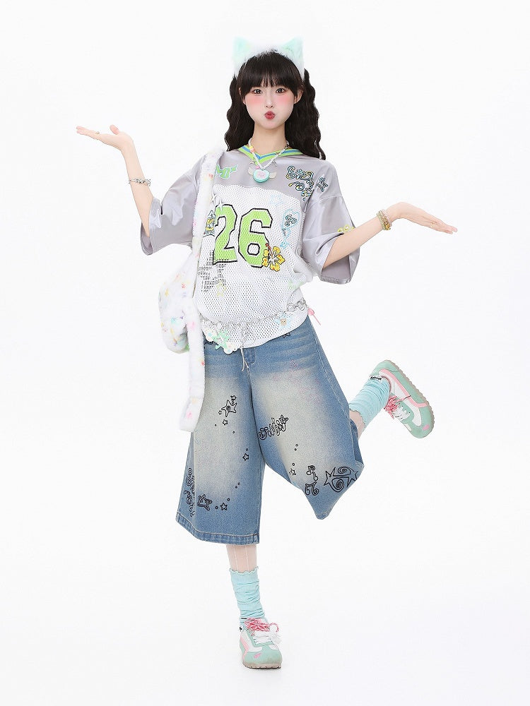 Breathable Satin Jersey T-Shirt with Contrast Collar and Number Print Pink/Green