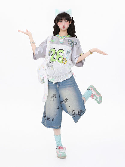 Breathable Satin Jersey T-Shirt with Contrast Collar and Number Print Pink/Green