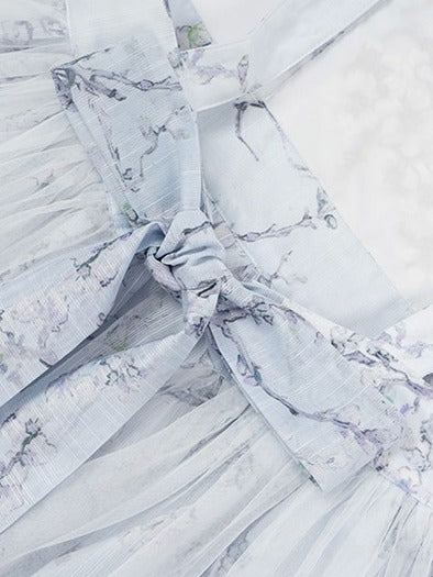 Blue & Purple Floral Embroidery Flutter Sleeve Bow Lolita Overlay Dress with Lace - Yimu Walnut