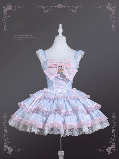 Skirt and Pink Blue Jumper Skirt Hime Lolita Dress Flutter Sleeves Tiered