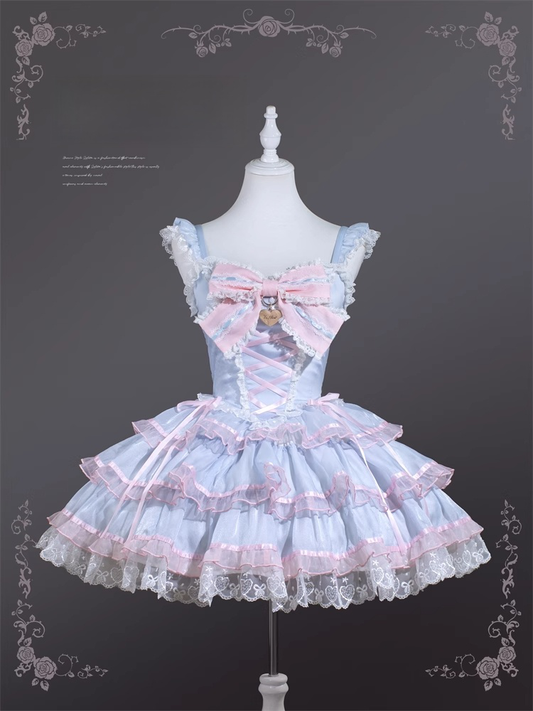 Rock und rosa blauer Pulloverrock Hime Lolita-Kleid Flatterärmel gestuft