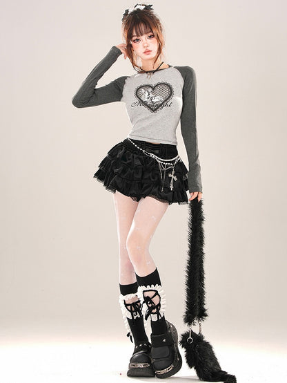 Black/Grey Heart Print Colorblock Close-fit T-shirt