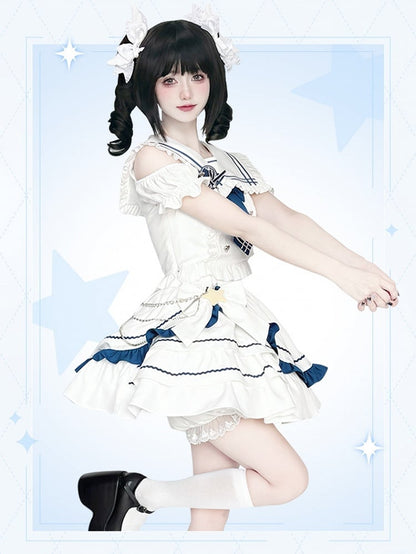 with Tiered Sailor Collar Cutout Shoulder Top Skirt White and