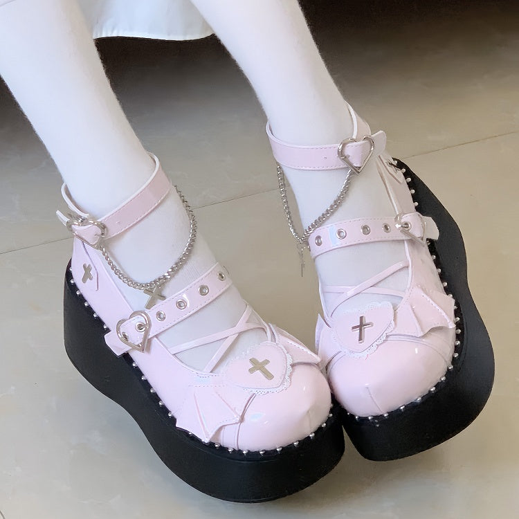 PU Patch Accents Shoes Wing Pink Cross Top Platform Heart Details