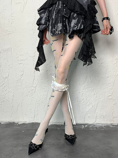 Gepunktete Rüschen, weißes Muster, Y2K, selbstbindender Riemenbesatz