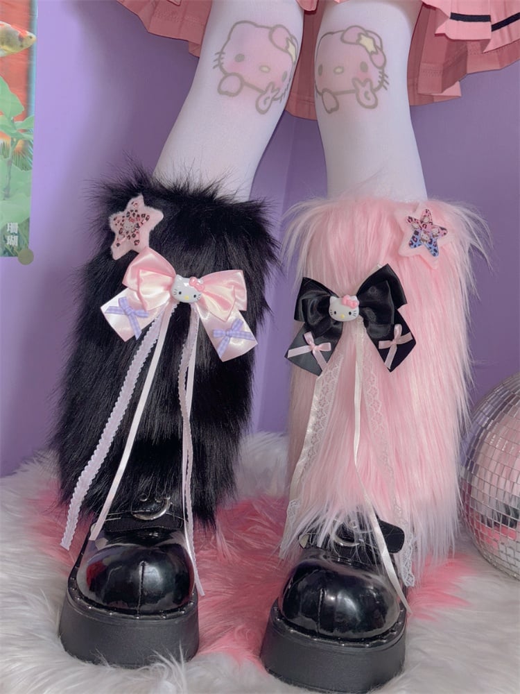 ピンク/ブラック Y2K スター＆キティ リボン結び シャギー レッグウォーマー