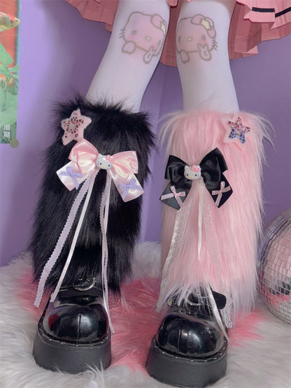 ピンク/ブラック Y2K スター＆キティ リボン結び シャギー レッグウォーマー