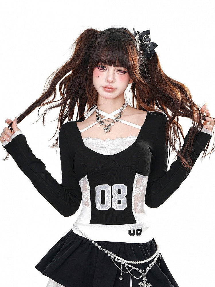 ブラックホルターネックコントラストレースパッチクロップドトップス