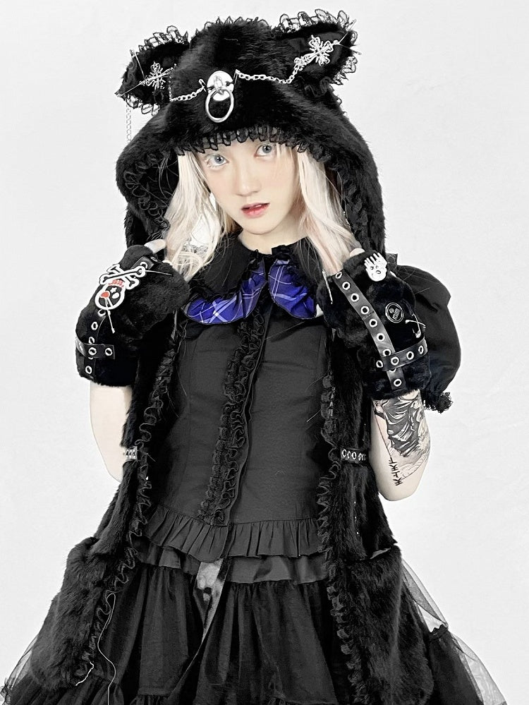 Ear Scarf Plush Cat with Hat Gothic Punk Details Metal