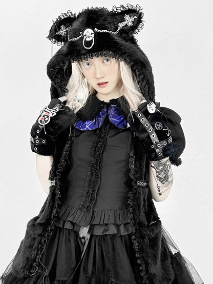 Ear Scarf Plush Cat with Hat Gothic Punk Details Metal