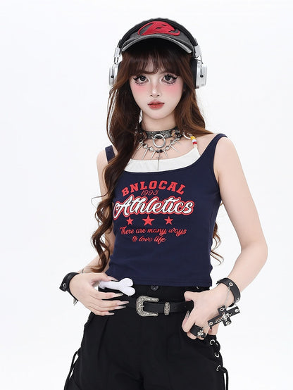 Faux Rot Navy Blau/Weiß Zwei-stück Tank Top Brief Drucken Vintage Glamourös