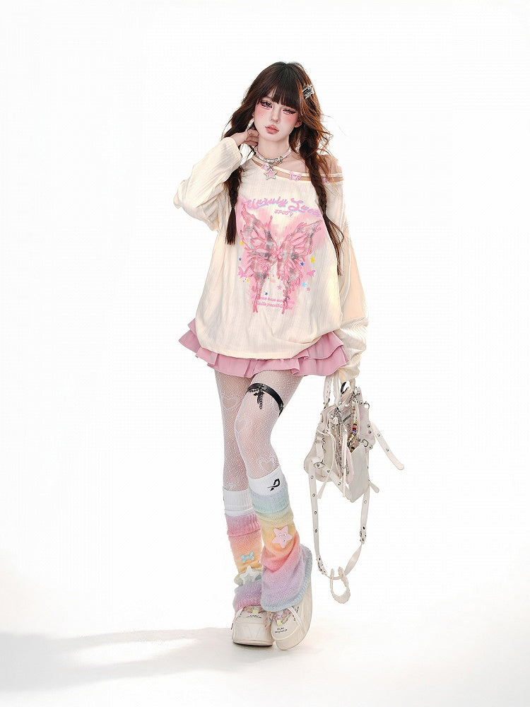 Lockeres Oberteil mit asymmetrischem Ausschnitt und Schmetterlingsstickerei in Pink/Apricot