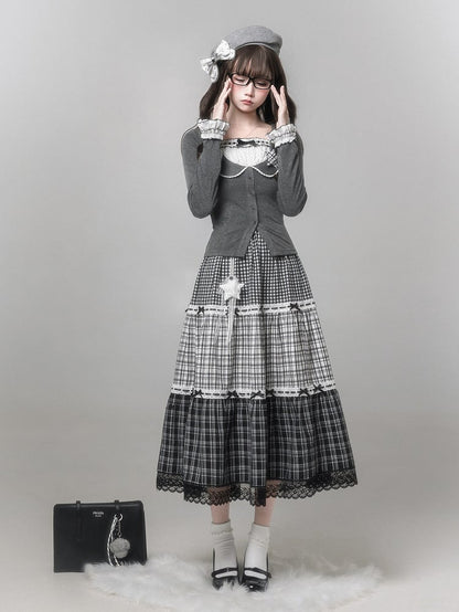 Plaid Star Ruffle Jirai Embellishment Black Removable Gray Skirt Bow Kei Trim with